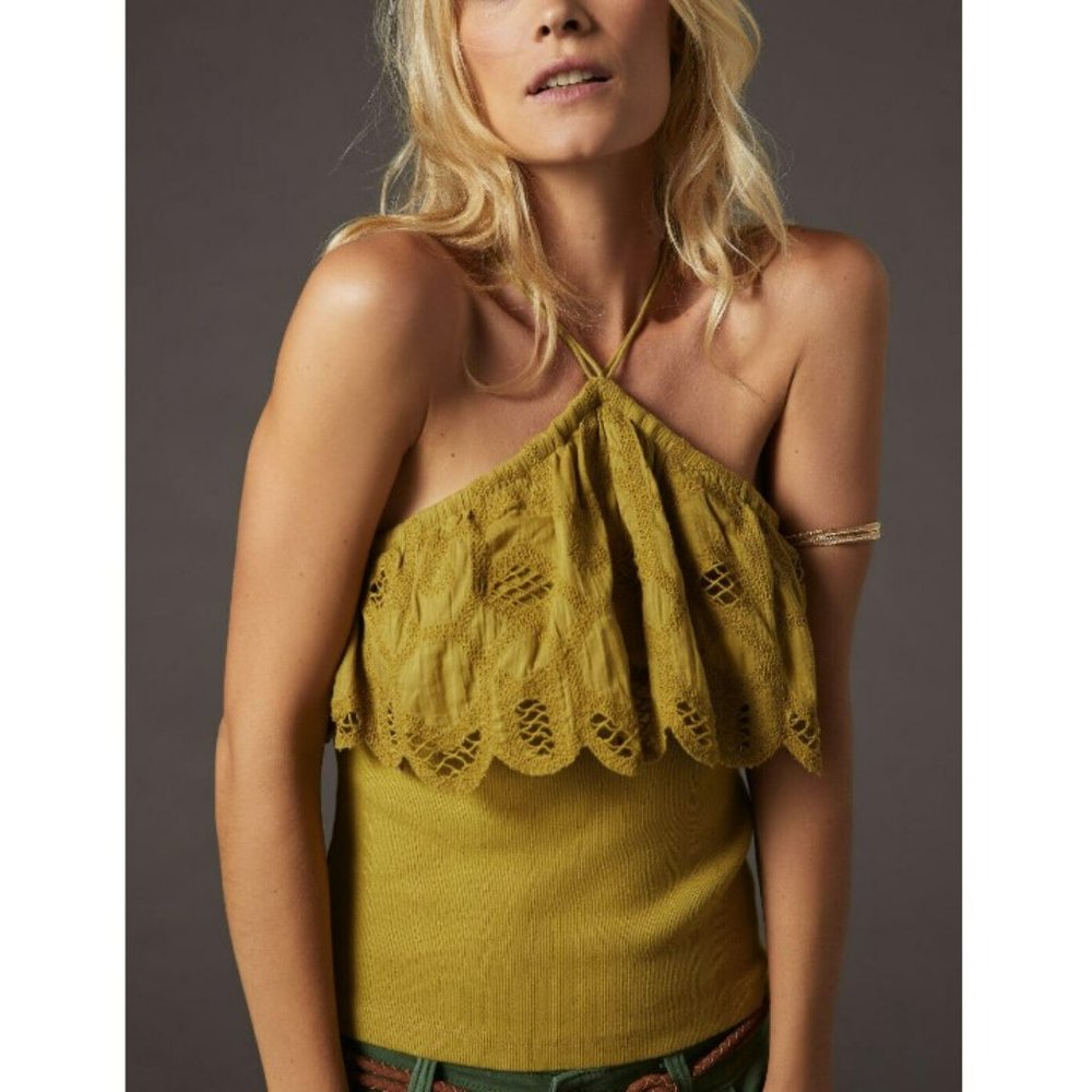 Anthropologie Ruffled Halter Lace Green Tank Top/ Boho Summer Spring Cottagecore